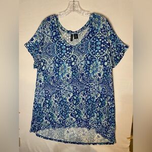 Cynthia Rowley Blue and Green Patterned Short Sleeve Top